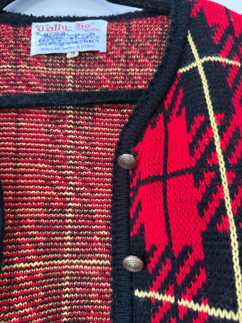 Vintage Tally Ho Red Plaid Knit Jacket with Black Trim 1980s Womens Medium - Picture 3 of 14